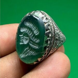 Vintage Beautiful Natural Agate Stone A King Face Intaglio Sliver Plated Ring